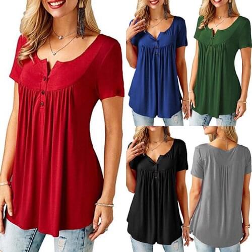 T Shirt for Women Fashion Summer Clothing Solid Color Short Sleeve Swing Hem O Neck with Button Female Tops S-5XL Woman Tshirts