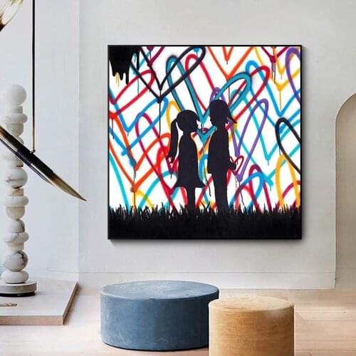 Graffiti Love Hearts Art Canvas Painting Posters and Prints Lovely Boy and Girl Wall Pictures Street Art for Home Decor