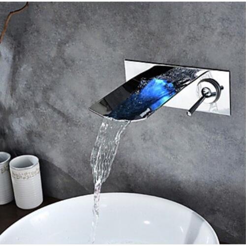 Free shipping chrome Bathroom LED Wall-Mounted Single Handle Waterfall Bath Sink Faucet