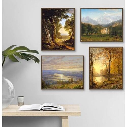 Classic Landscape Painting Canvas Posters and Prints Mountains Forest River Victorian Style Decoration Picture Living Room Decor