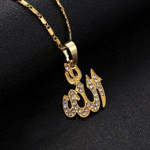 Classic Islamic Allah Pendant Necklace For Women Gold Color CZ Rhinestone Necklace Religious Muslim Jewelry Wholesale