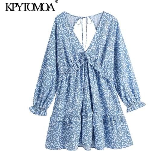 KPYTOMOA Women 2021 Chic Fashion Animal Print Ruffle Mini Dress Vintage Backless Bow Tied Side Zipper Female Dresses Vestidos