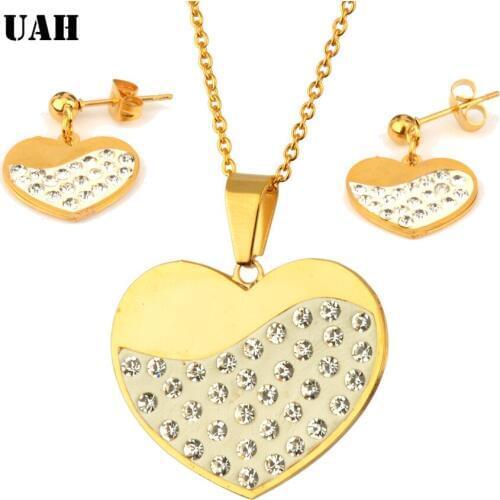 UAH Trendy Stainless Steel Jewelry Set For Women Heart CZ Stone Charm Pendants Necklaces Earrings LOVE Anniversary Gift