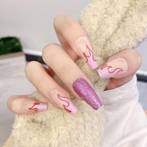24pcs/Set Fashion Fire Pattern False Nails Extra Long Mixed Pink Purple Glitter Fake Nails with Glue Beauty Ballerina Full Tips