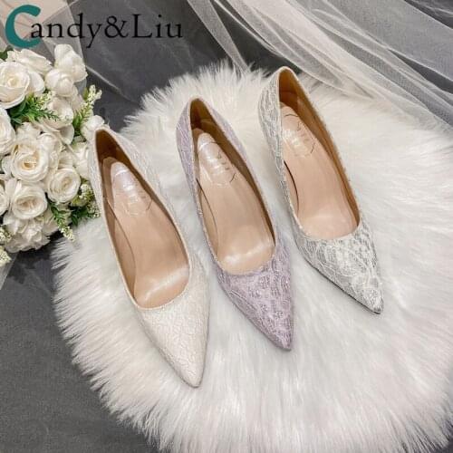 2021 New Purple Lace Dress Bridesmaid Shoes White Wedding Shoes Banquet Pointed High Heels Large Bridal Shoes