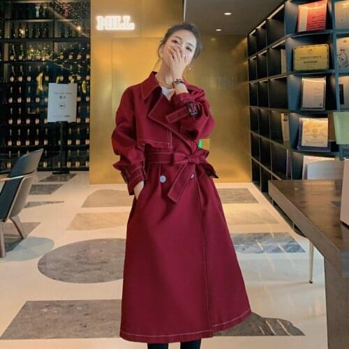 Fake two wine red British windbreaker womens middle and long spring and autumn 2021 new Korean loose and thin coat