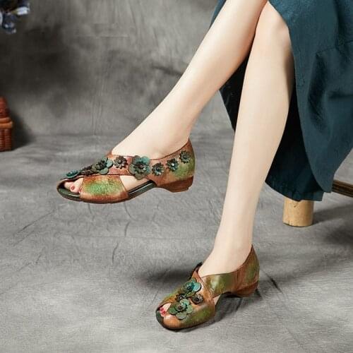 New Retro Women Shoes Ladies Sandals Genuine Leather Flat with Flower Slip-on Handmade National Style Women Sandalias Mujer 2021