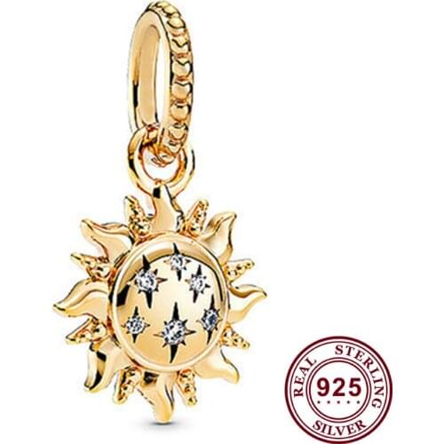 Original 925 Sterling Silver Charm Gold Shining Sun Flower Crane Fit Pandora Women Bracelet & Necklace Diy Jewelry