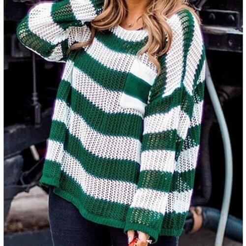 Euramerican Casual Women Sweater Fashion O-neck Pullover Winter Knit Tops Loose Female Striped Knitwear Outerwear Girl Jumpers