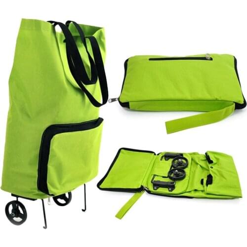 New High quality Green portable Reusable Bags Oxford Cloth Rolling Folding extend Dual Wheel shopping cart trolley tote bag