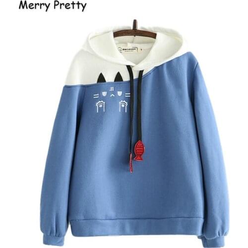 Merry Pretty Womens Cartoon Cat Embroidery Thick Hoodies Sweatshirts 2020 Winter Warm Plus Velvet Harajuku Cute Hooded Pullover