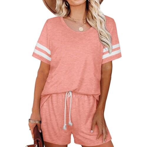 Tracksuits Women Summer Short Sleeve Striped T-shirt Shorts Suit Round Neck Casual Top Drawstring Shorts Set Ladies 2 Piece Sets