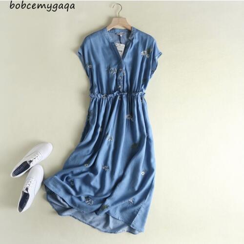 Blue Floral Embroidery Denim Long Dress Women V Neck Short Sleeve Cotton Long Summer Soft Jeans Elegant Dress Vestido