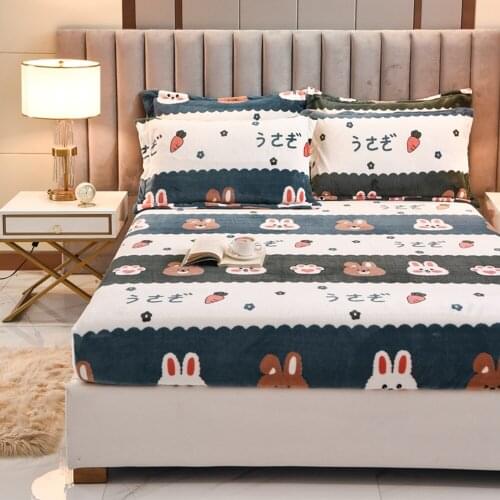 Winter Warm Solid Flannel Plush Fitted Sheet Mattress Protector Cover Super Soft King Size Double Bed Sheet Elastic Bedspread