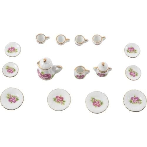 15 pieces Porcelain tea set Dollhouse miniature foods Chinese rose dishes cup