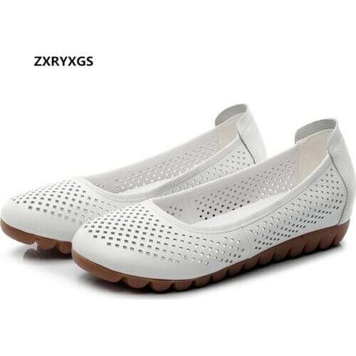 2021 New Spring Summer Top Soft Cowhide Hollow Flat Shoes Woman Soft Sole Comfort Breathable Hole Shoes Casual Sandals Plus Size
