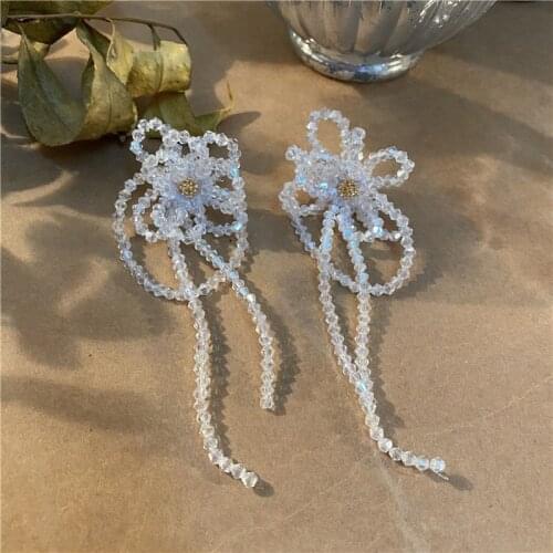 Korea internet celebrity The same sparkling flower crystal beaded sweet earrings super fairy style handmade ear accessories