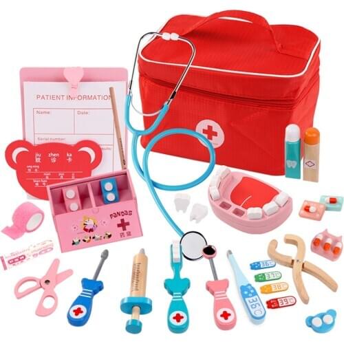 Kids Wooden Toys Pretend Play Doctor Set Portable Wooden Medical Kit Dentist Doctor Set Medicine Box Role Play Toys For Children