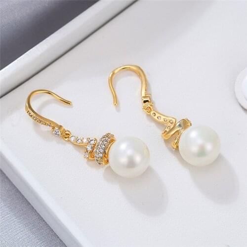 Classic Round Crystal Wedding Earrings Vintage Female White Pearl Dangle Earrings Rose Gold Silver Color Drop Earrings For Women