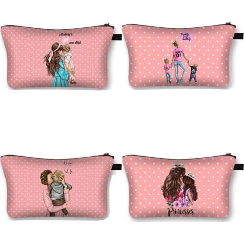 Cool Mom with Baby Princess Cosmetic Case Women Fashion Makeup Bag Ladies Large Capacity Cosmetic Bags Portable Organizers