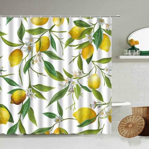 Summer Yellow Lemon Fruit Shower Curtain Exotic Branch Flower Green Leaf Pattern Gardening Design Bathroom Waterproof Curtains