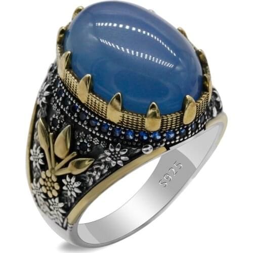 925 Sterling Silver Mens Attention Oval Natural Agate Print Mens Ring Retro Silver Turkish Fashion Party Jewelry Gifts