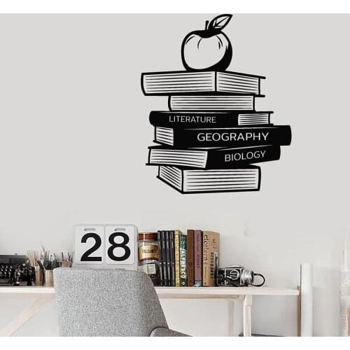 Reading Wall Decal Library Geography Literature Biology Books Apple Vinyl Window Stickers Library Interior Decor Art Mural M631