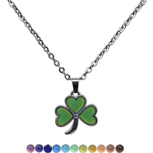 Mood Emotion Feeling Necklace with Stainless Steel Clover Shaped Temperature Change Pendant Necklace for Women Gift