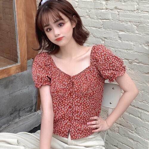 Pleated Crop Tops Fashion Sexy Puff Sleeves Blouses Trendy Wild Sweet Floral Print Chiffon Shirt