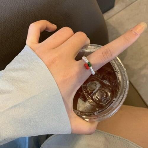 Simple Simulated Pearl Bead Rings Cute Minimalist Cherry Elastic Ring For Women Party Gift Adjustable Jewelry Handmade