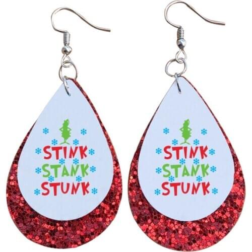 Grinch Christmas Teardrop Earrings Faux Leather Two Layers Wholesale Bulk Order Best Price