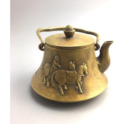 Old Chinese Bronze Inlay Gem Human Man Ride Horse Statue Handle Teapot Wine Pot