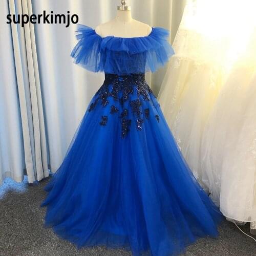 SuperKimJo Royal Blue Prom Dresses 2020 Boat Neck Elegant Sequin Applique Cheap Arabic Prom Gown Vestidos De Gala 2021