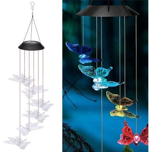 6 Styles LED Solar Wind Chime Hummingbird Dragonfly Butterfly Wind Chime Light Waterproof Hanging Solar Light For Home Garden