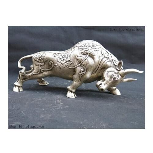 Decoration Tibet copper silver China silver carved beautiful fine flower pattern luck Ox Sculpture Statue (D0426)