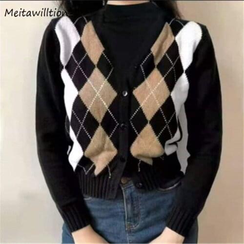 Vintage V-Neck Plaid Print Sweater 2020 Autumn Winter Short Knitted Cardigan Casual Long Sleeve England Style Tops