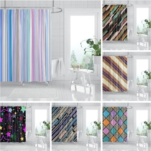 Geometric Strip Shower Curtain 3D Printing PolyesterCreative Art Waterproof Fabric With Anti-Rust Hook Hole Bathroom Decoration