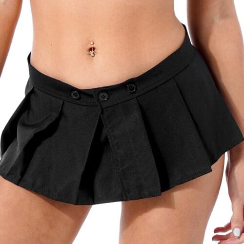 Women Low Waist Pleated Miniskirt Plaid/Solid Color Button Waistband Skirt For Nightclub Dance Show Date Night
