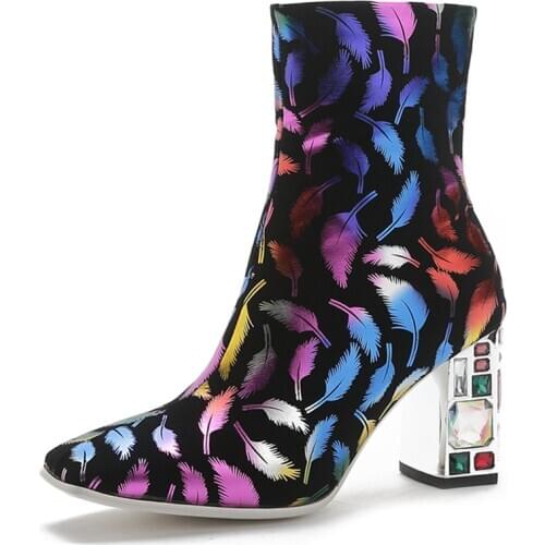 Oversized Square Head Patent Leather Flower Color Feather Pattern Rhinestone Personality Thick Heel Womens Boots Gradient Color