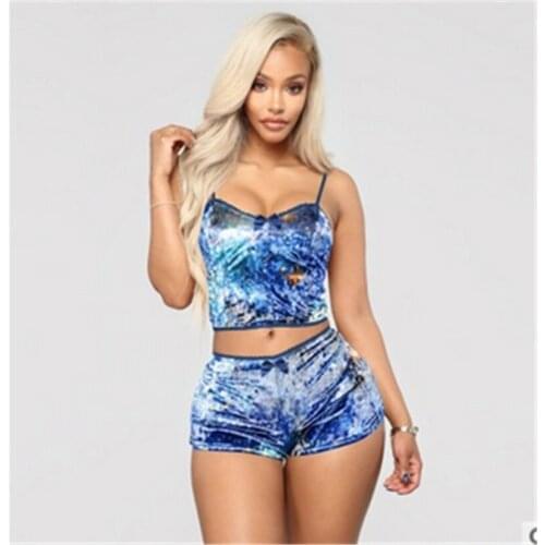 Velvet Style Female Summer Clothes Sets Women 2 Piece Sets Tie Dye V Neck Halter Crop Top and Short Pants Sexy Club Suit