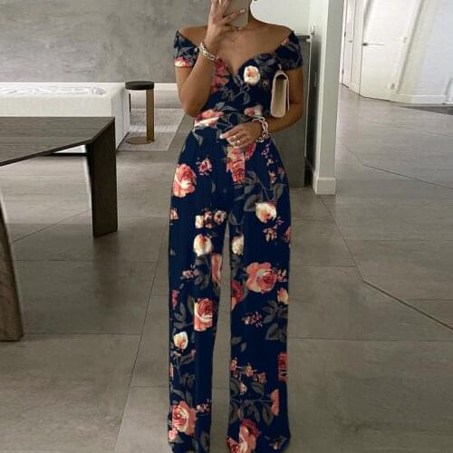 2021 Women Elegant Floral Print Wide Leg Jumpsuit Ladies Casual Short Sleeve Romper Bodysuit Summer Fashion Overalls Playsuit XL