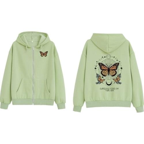 Butterfly Zip Up Pullover Zipper Hoodie Sweatshirt Harajuku Jacket Women Green Long Sleeve Top Cotton Long Sleeve Women Y2k Top