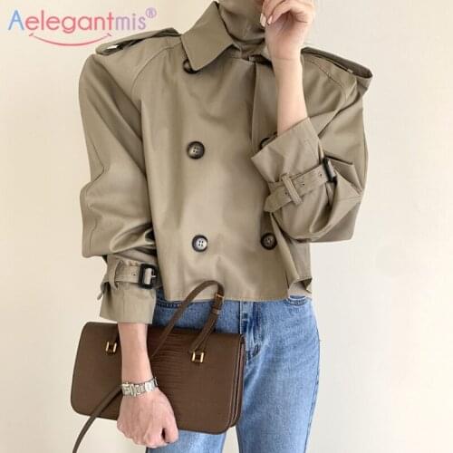 Aelegantmis Vintage Cropped Trench Coat Women Korean Casual Office Lady Outerwear Fashion Double Breasted Windbreaker Streetwear