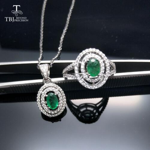 TBJ, 100% natural zambia green 1ct emerald pendant ring jewelry set in 925 sterling silver with gift box for women as best gift