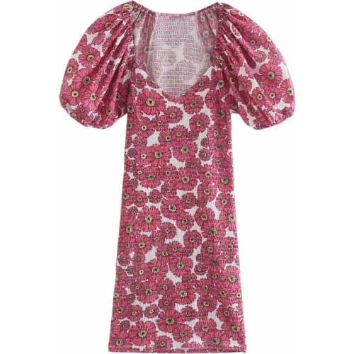 New Vintage Women Floral Printed Smocked Dress Short Puff Sleeves Sexy V-neck Chic Lady Vogue Short Dresses Woman Robe