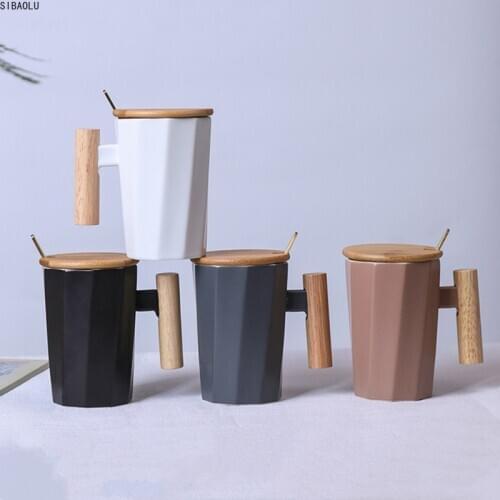 380ml Wood Handle Ceramic Coffee Mug Creative Polygonal Office Home Milk Tea Cup For Gift