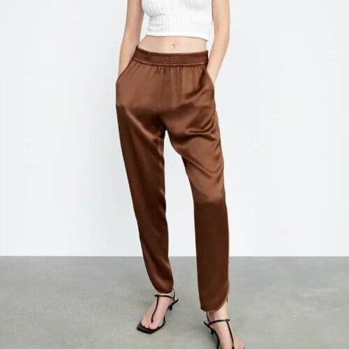TRAF Za Woman Pants 2021 Y2k Silk Satin Split Elastic High Waisted Trousers Suits Women Loose Pocket Woman Pencil Pants Autumn