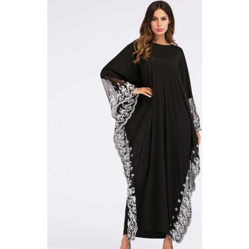Lace Black Islamic Dubai Ethnic Middle East Clothing Maxi Dress for Women Eid Ramadan Loose Abaya Muslim Bat Sleeve Arabic Oman