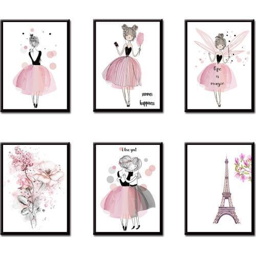 Home decorative painting Wall Poster Nordic Cartoon Girl Eiffel Tower Flower Decorative Painting Study Living Room Multi pattern