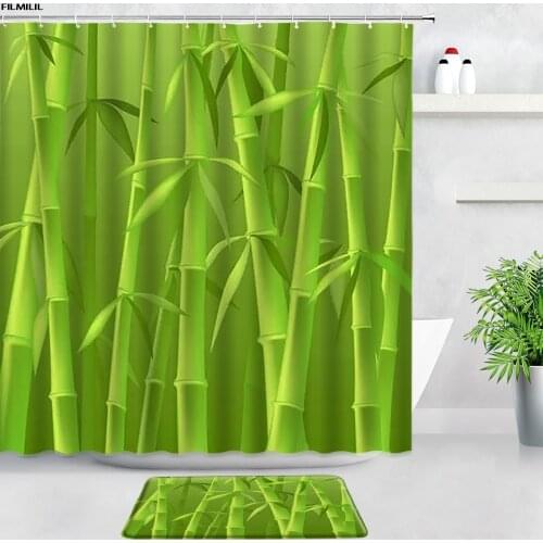 FILMILIL Green Bamboo Shower Curtains Bath Mats Sets Zen Plants Chinese Style Home Decor Door Pad Bathroom Rugs Non-slip Carpet